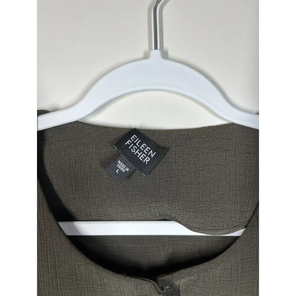 EILEEN FISHER Jacket Large Collarless Rayon Silk Blend Textured Brown Hook‎ Eye